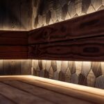 Nowoczesna sauna w stylu nordyckim oświetlona lampami LED